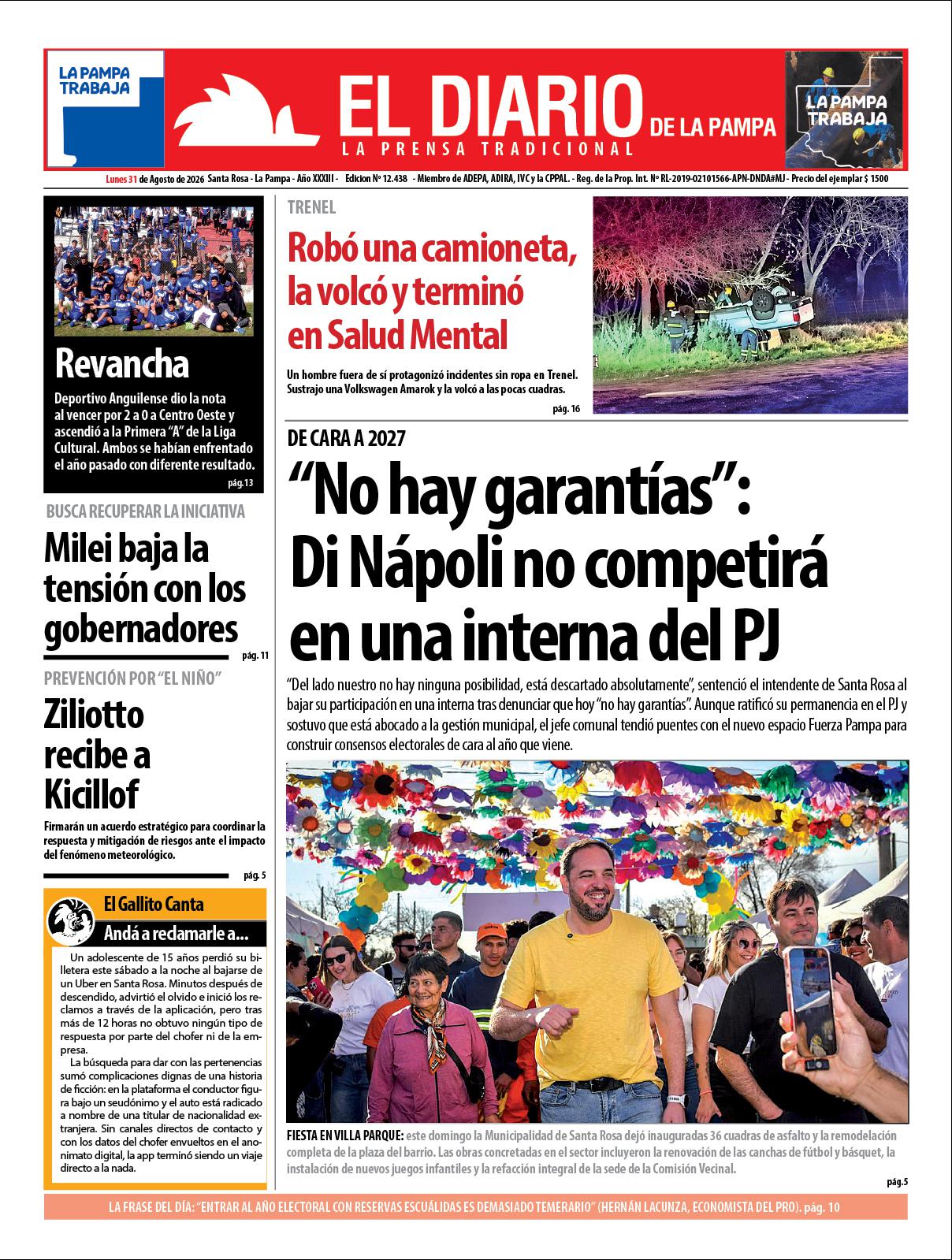 Tapa de El Diario en papel  lunes 31 de agosto de 2026